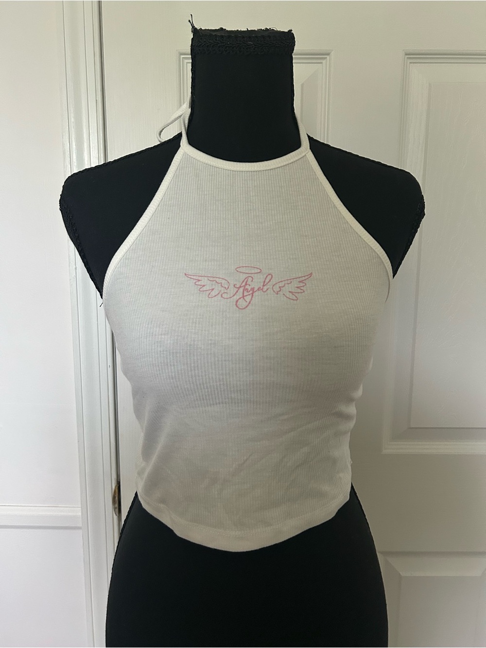 Princess Polly White Ribbed Halter Tank with Pink Angel Graphic